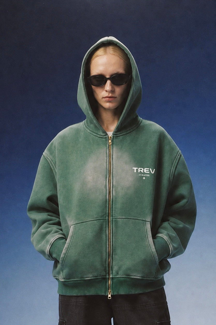 TREV Curated Club's Owner Unisex Sunfade Two-way Zipper Boxy Fleece Hoodie