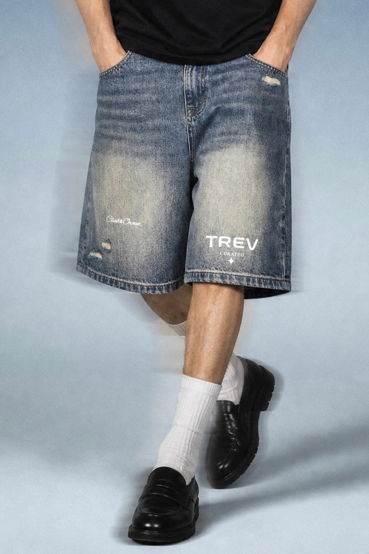TREV Curate Unisex Club's Owner Sun Faded Distressed Baggy Denim Shorts (Limited)