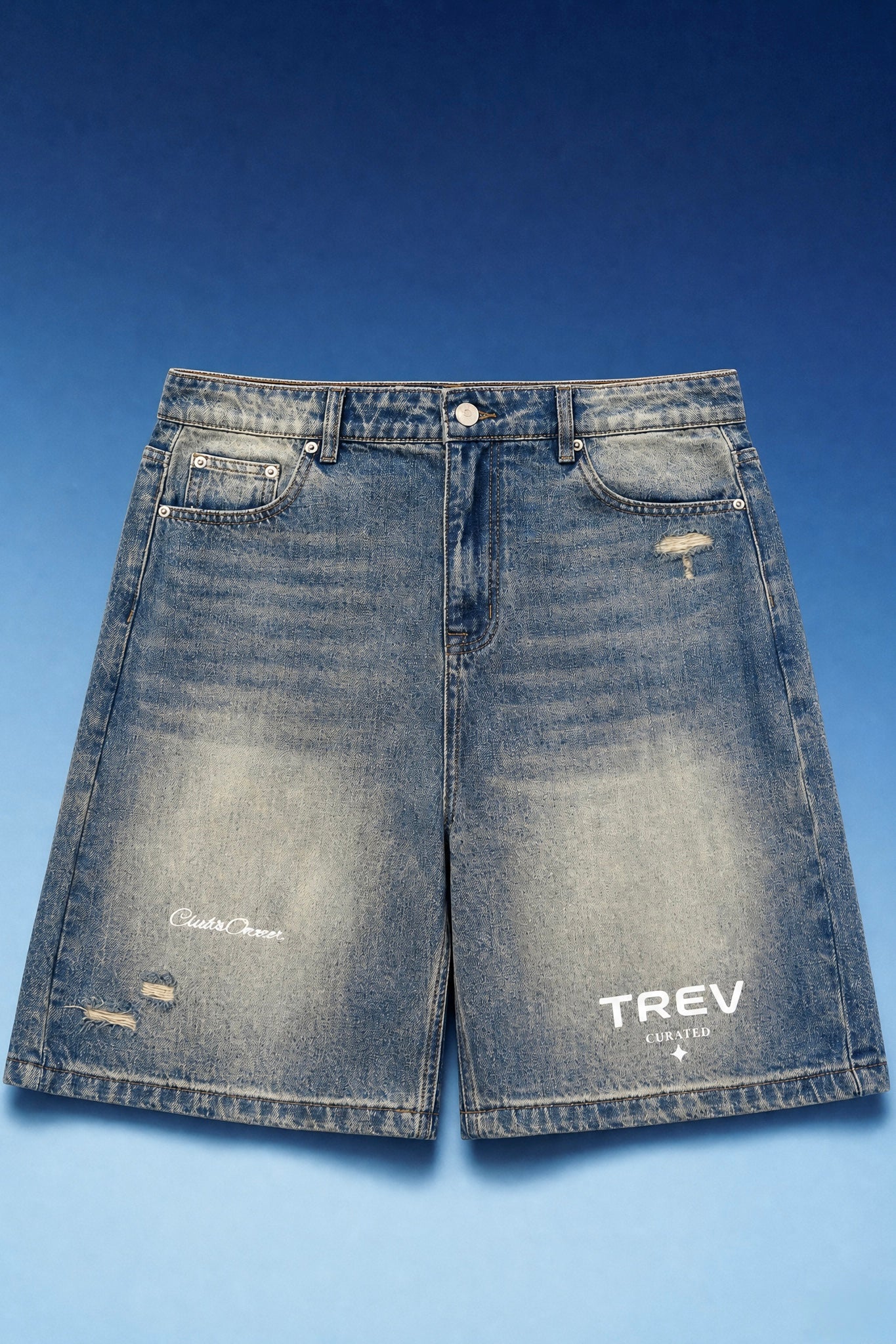TREV Curate Unisex Club's Owner Sun Faded Distressed Baggy Denim Shorts (Limited)