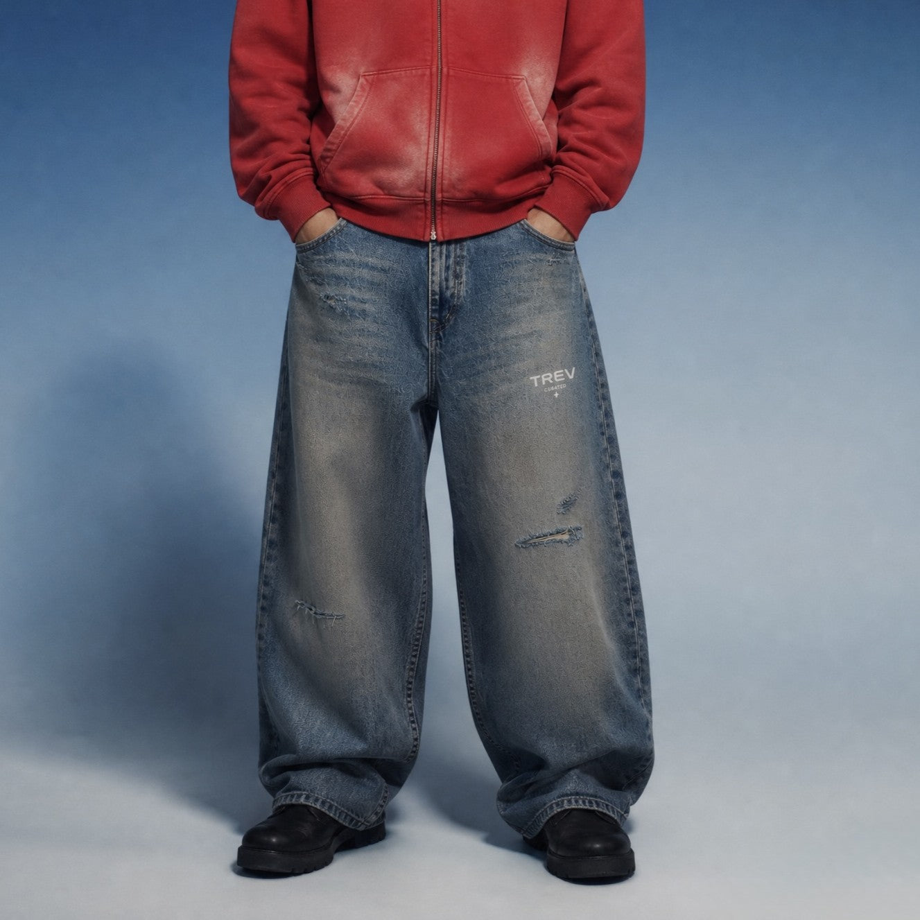 TREV Curated Men Barrel Leg Distressed Jean