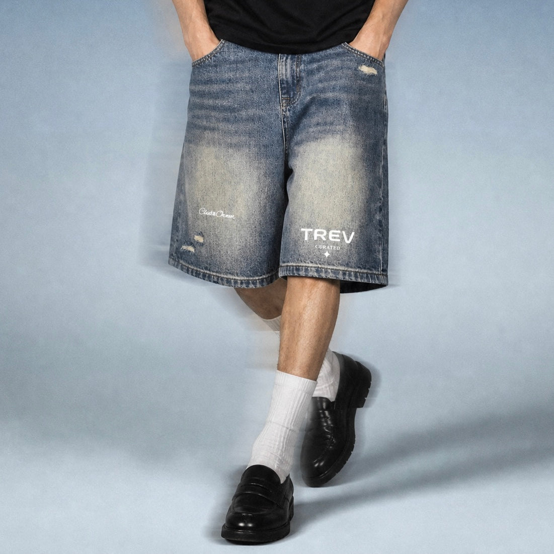 TREV Curate Unisex Club's Owner Sun Faded Distressed Baggy Denim Short