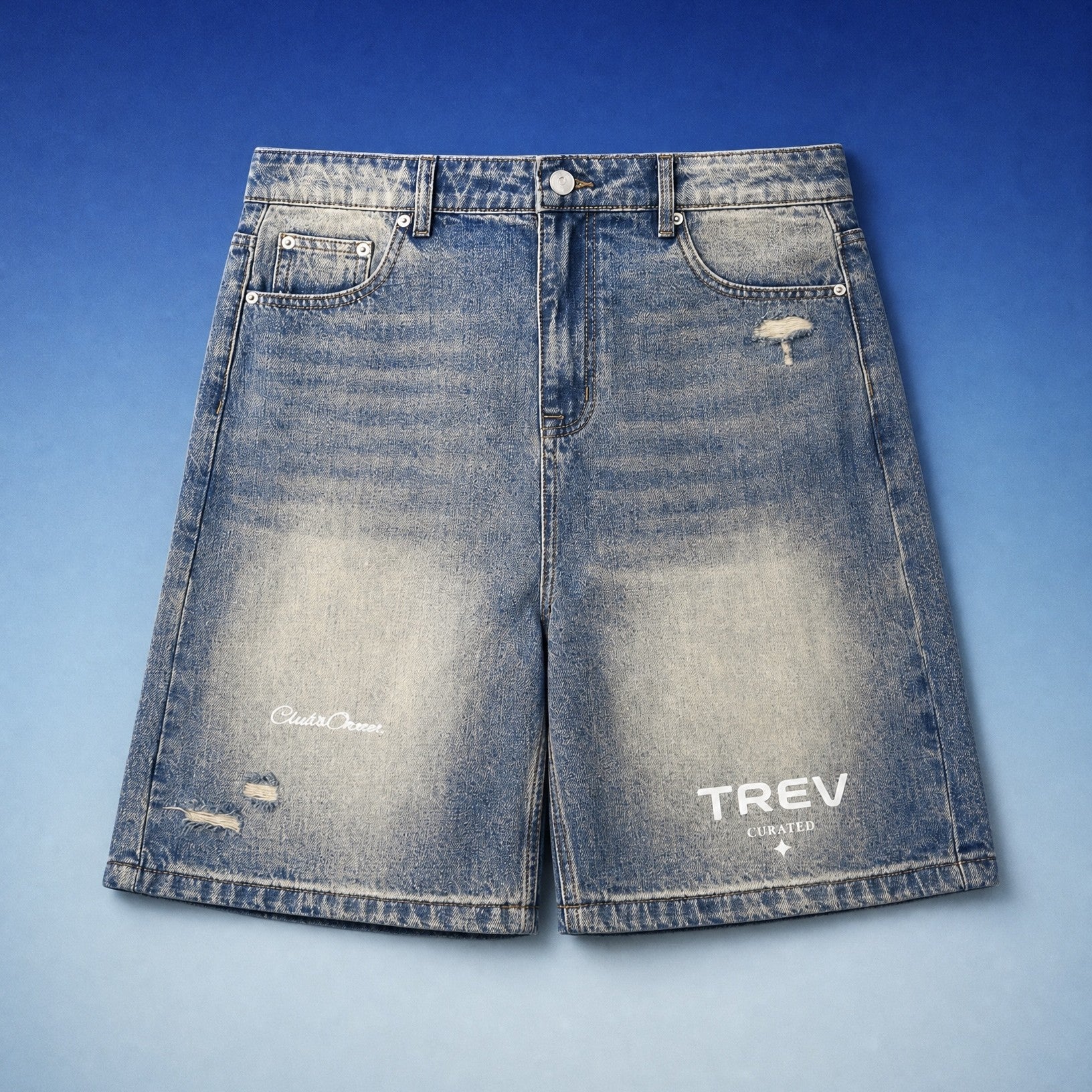 TREV Curate Unisex Club's Owner Sun Faded Distressed Baggy Denim Short